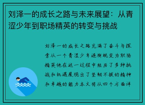 刘泽一的成长之路与未来展望：从青涩少年到职场精英的转变与挑战