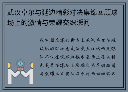 武汉卓尔与延边精彩对决集锦回顾球场上的激情与荣耀交织瞬间