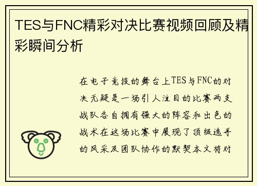 TES与FNC精彩对决比赛视频回顾及精彩瞬间分析
