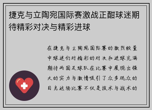 捷克与立陶宛国际赛激战正酣球迷期待精彩对决与精彩进球