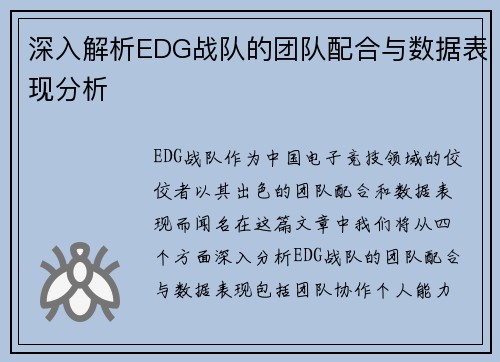 深入解析EDG战队的团队配合与数据表现分析