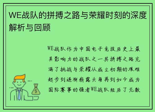 WE战队的拼搏之路与荣耀时刻的深度解析与回顾