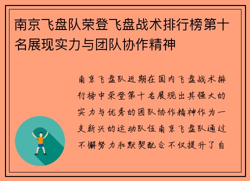 南京飞盘队荣登飞盘战术排行榜第十名展现实力与团队协作精神