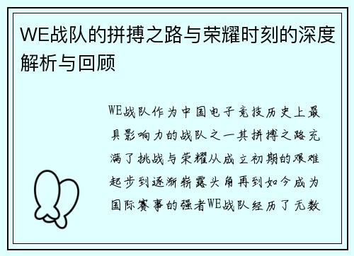 WE战队的拼搏之路与荣耀时刻的深度解析与回顾